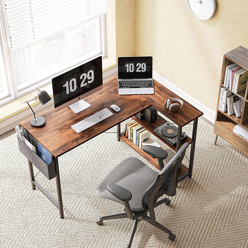 40 "L-shaped computer desk with storage shelf Home office Corner desk Study desk, dark brown